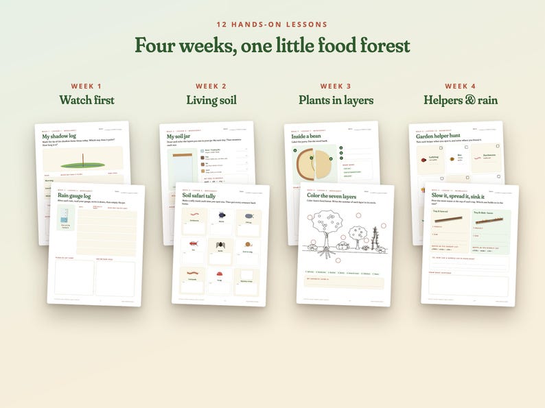 Może przedstawiać: Zestaw arkuszy edukacyjnych zatytułowany 12 Hands-on Lessons: Four weeks, one little food forest. Strony zawierają ćwiczenia takie jak My shadow log, Living soil, Plants in layers oraz Helpers & rain z ilustracjami i poleceniami.