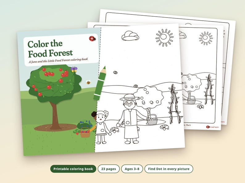 May include: A printable coloring book titled Color the Food Forest: A June and the Little Food Forest coloring book. The cover features a green tree with red apples, a ladybug, a butterfly, and a bee. Inside pages show line art of people.