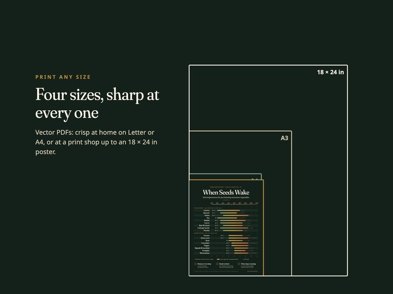 May include: A dark green informational graphic displaying four nested rectangular outlines representing print sizes. Text reads: PRINT ANY SIZE, Four sizes, sharp at every one, Vector PDFs: crisp at home on Letter or A4, or at a print shop up to an 18 x 24 in poster. The smallest rectangle contains a chart titled When Seeds Wake.