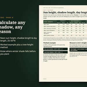 May include: A page from a workbook titled Sun height, shadow length, day length, featuring a table with latitude data for cities like Miami and Portland. It includes a worked example for calculating tree height and shadow lengths in feet.