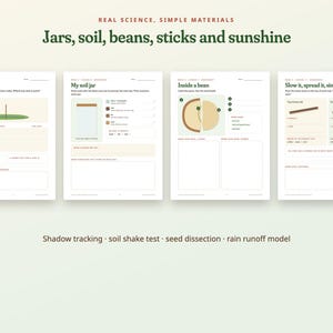 Może przedstawiać: Cztery arkusze edukacyjne zatytułowane Real Science, Simple Materials: Jars, soil, beans, sticks and sunshine. Strony zawierają My shadow log, My soil jar, Inside a bean oraz Slow it, spread it, sink it z śledzeniem cienia i testami gleby.