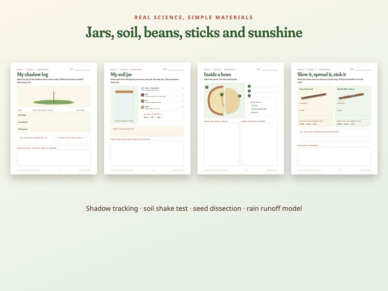 Może przedstawiać: Cztery arkusze edukacyjne zatytułowane Real Science, Simple Materials: Jars, soil, beans, sticks and sunshine. Strony zawierają My shadow log, My soil jar, Inside a bean oraz Slow it, spread it, sink it z śledzeniem cienia i testami gleby.