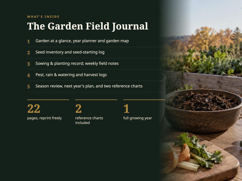 May include: The Garden Field Journal features a dark green background with white text listing contents: garden planner, seed inventory, sowing record, pest and harvest logs, and season review. It includes 22 pages, 2 reference charts, and 1 growing year.