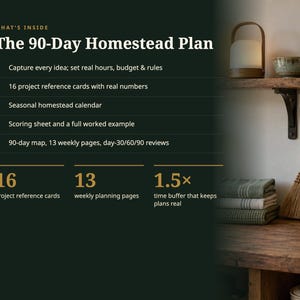 Puede incluir: Un gr&aacute;fico informativo de color verde oscuro titulado The 90-Day Homestead Plan. Enumera cinco componentes: captura de ideas, 16 tarjetas de referencia de proyectos, un calendario estacional, una hoja de puntuaci&oacute;n y un mapa de 90 d&iacute;as con 13 p&aacute;ginas semanales.
