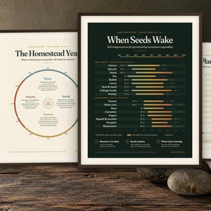 May include: Three framed educational posters featuring gardening information. The left poster is titled The Homestead Year, the centre poster is titled When Seeds Wake with soil temperature data, and the right poster is titled Planting Windows.