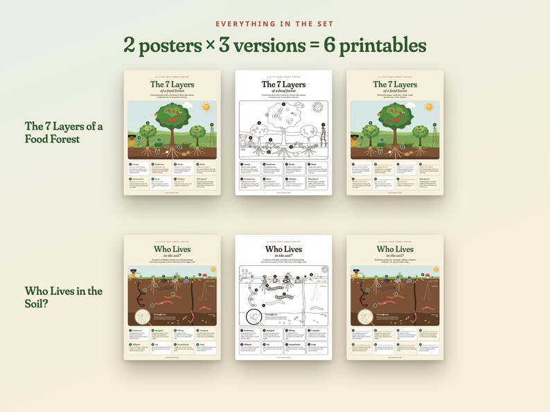 Puede incluir: Un conjunto de seis p&oacute;steres educativos imprimibles con dos dise&ntilde;os: The 7 Layers of a Food Forest y Who Lives in the Soil. Cada dise&ntilde;o incluye una versi&oacute;n a todo color, una versi&oacute;n en blanco y negro y una versi&oacute;n con diagramas etiquetados.