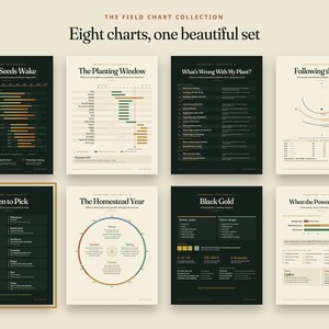 May include: A collection of eight educational charts titled The Field Chart Collection, featuring gardening and homesteading information. The charts use a colour palette of dark green, cream, and muted earth tones, displaying text, diagrams, and timelines.