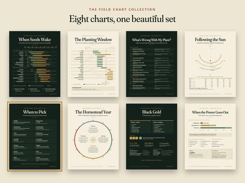 May include: A collection of eight educational charts titled The Field Chart Collection, featuring gardening and homesteading information. The charts use a colour palette of dark green, cream, and muted earth tones, displaying text, diagrams, and timelines.