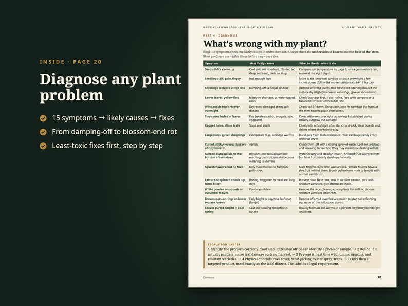 K&ouml;nnte beinhalten: Eine Seite aus einem Gartenratgeber mit dem Titel What's wrong with my plant? mit einer Tabelle, die 15 Pflanzensymptome, ihre wahrscheinlichen Ursachen und empfohlene Ma&szlig;nahmen auflistet. Der Text enth&auml;lt Abschnitte zur Diagnose und Seitenzahl 20.