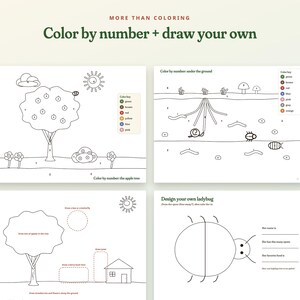 May include: Four black and white activity sheets titled More Than Coloring: Color by number + draw your own. The pages feature line art illustrations of an apple tree, underground scenes, a landscape with a house, and a ladybug design template.