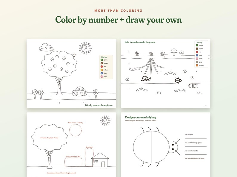 May include: Four black and white activity sheets titled More Than Coloring: Color by number + draw your own. The pages feature line art illustrations of an apple tree, underground scenes, a landscape with a house, and a ladybug design template.