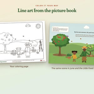May include: A black and white line art coloring page featuring a garden scene with two figures, trees, and a sun, displayed next to a full-color version of the same illustration titled June and the Little Food Forest with text included.