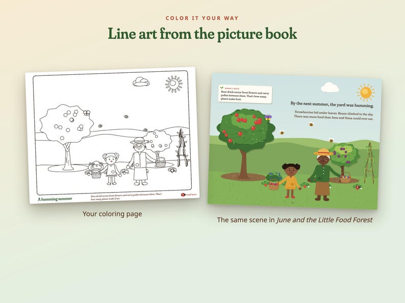 May include: A black and white line art coloring page featuring a garden scene with two figures, trees, and a sun, displayed next to a full-color version of the same illustration titled June and the Little Food Forest with text included.