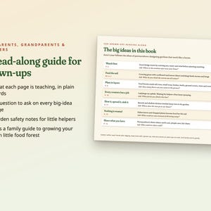 May include: A read-along guide for grown-ups featuring a list of big ideas in this book. The text includes sections on permaculture, garden design, and safety notes for children. The document is printed on a light cream background with dark green text.