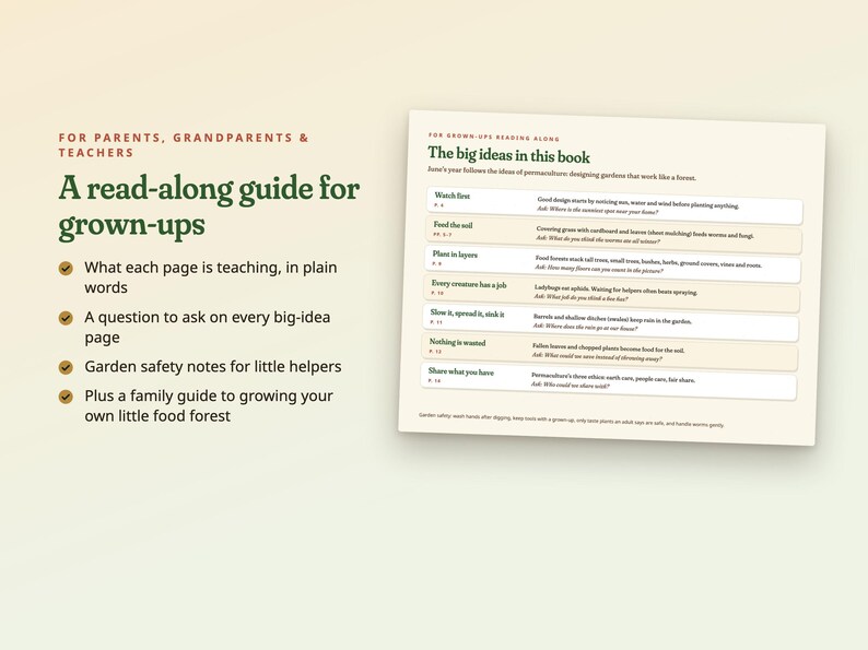 May include: A read-along guide for grown-ups featuring a list of big ideas in this book. The text includes sections on permaculture, garden design, and safety notes for children. The document is printed on a light cream background with dark green text.