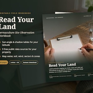 May include: A printable field workbook titled Read Your Land, a permaculture site observation guide. The cover features dark green tones, white text, and a graphic of a clipboard with blank paper. It includes sections for mapping sun, shade, water, soil, and wind.