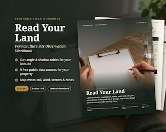 Pode incluir: Um caderno de exercícios imprimível intitulado Read Your Land, um guia de observação de locais de permacultura. A capa apresenta tons de verde escuro, texto branco e um gráfico de uma prancheta com papel em branco para mapear o terreno.