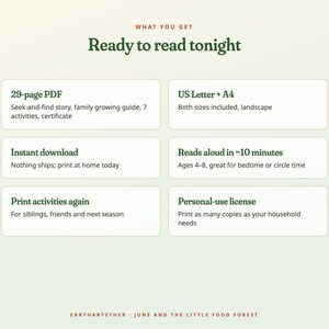 May include: A digital document titled Ready to read tonight, featuring a 29-page PDF with a seek-and-find story, family growing guide, 7 activities, and certificate. Includes US Letter and A4 landscape sizes for instant download and home printing.