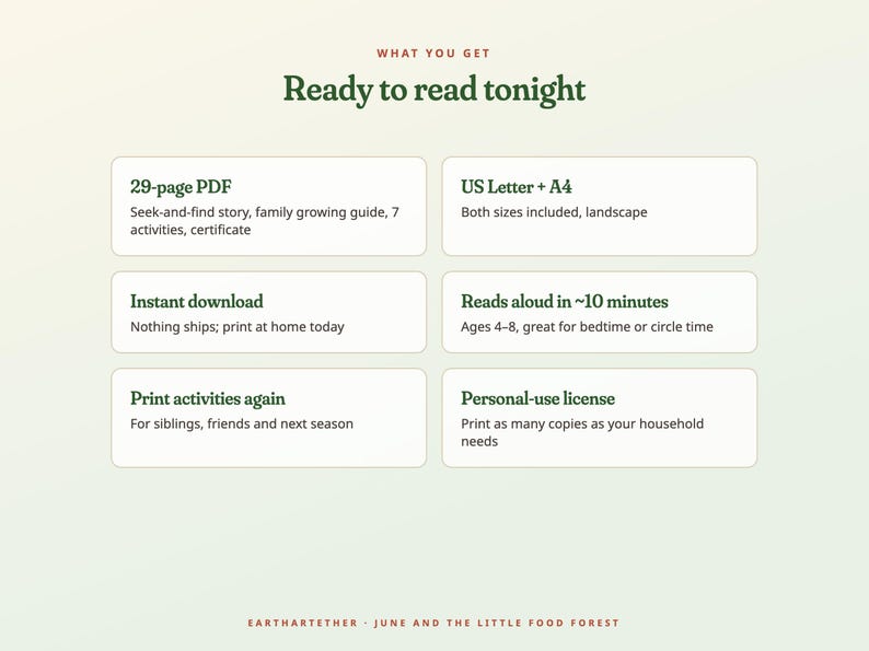 May include: A digital document titled Ready to read tonight, featuring a 29-page PDF with a seek-and-find story, family growing guide, 7 activities, and certificate. Includes US Letter and A4 landscape sizes for instant download and home printing.