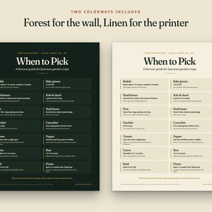 May include: Two harvest guide charts titled When to Pick, A harvest guide for fourteen garden crops. One chart is dark forest green with white text, the other is cream with black text. Both list vegetables like radish, lettuce, and tomato.