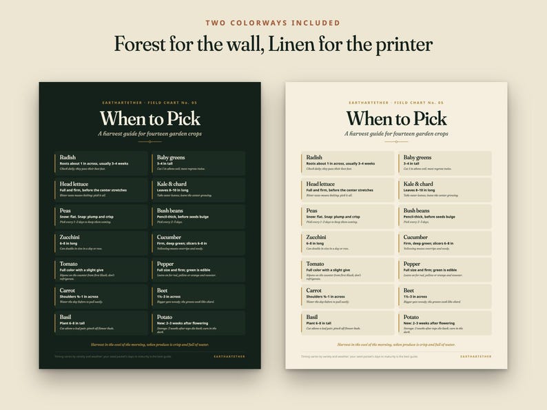 May include: Two harvest guide charts titled When to Pick, A harvest guide for fourteen garden crops. One chart is dark forest green with white text, the other is cream with black text. Both list vegetables like radish, lettuce, and tomato.