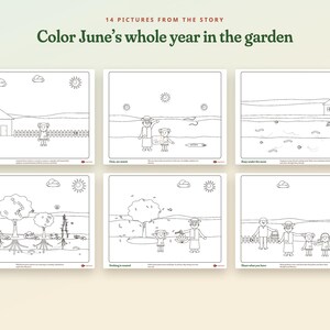 May include: A set of six black and white coloring pages titled Color June's whole year in the garden. Each page features line art illustrations of a character named June in various outdoor settings, including a house, beach, forest, and garden scenes.