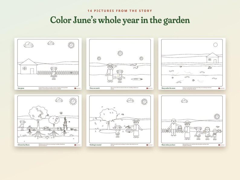 May include: A set of six black and white coloring pages titled Color June's whole year in the garden. Each page features line art illustrations of a character named June in various outdoor settings, including a house, beach, forest, and garden scenes.