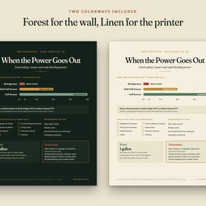May include: Two informational charts titled When the Power Goes Out, one with a dark forest green background and one with a light linen background. Both feature text, checklists, and a bar graph detailing food safety, water storage, and backup power.