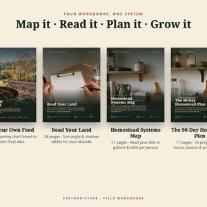 Pode incluir: Quatro cadernos de exerc&iacute;cios intitulados Map it, Read it, Plan it, Grow it. As capas apresentam imagens de um jardim, uma prancheta, uma prateleira com utens&iacute;lios e uma despensa. O texto inclui os t&iacute;tulos, n&uacute;mero de p&aacute;ginas e descri&ccedil;&otilde;es.