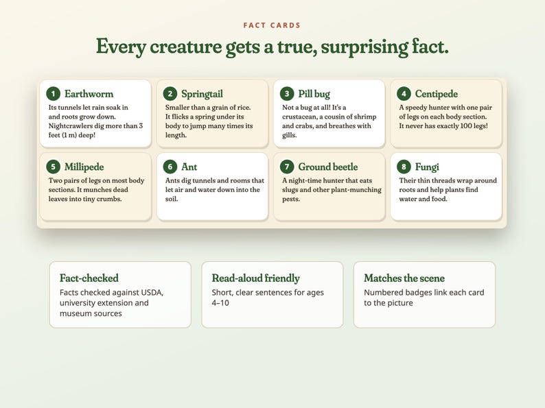 May include: A set of eight educational fact cards titled Every creature gets a true, surprising fact. Each card features a numbered badge and text describing organisms like earthworms, springtails, pill bugs, centipedes, millipedes, ants, beetles, and fungi.