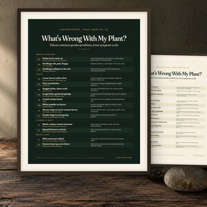 May include: A dark green and a cream-colored informational poster titled What's Wrong With My Plant? Fifteen common garden problems, from symptom to fix. The posters list various plant issues, symptoms, and solutions in a structured grid format.