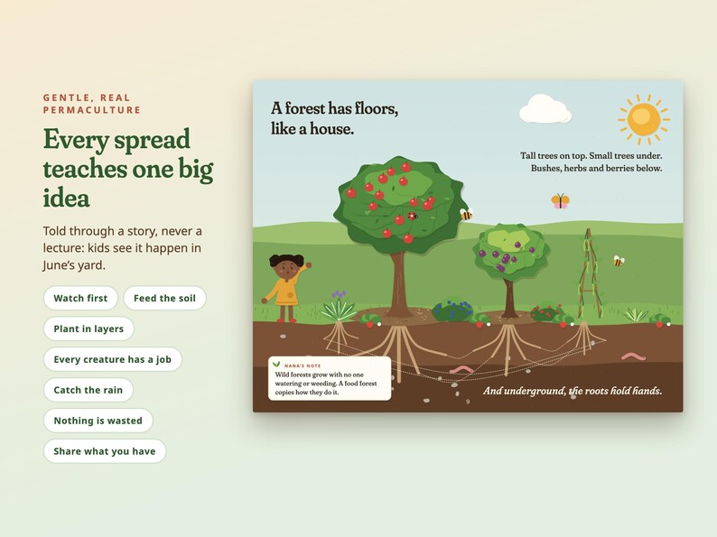 May include: A digital illustration of a forest ecosystem showing layers of trees, bushes, and roots with the text: A forest has floors, like a house. Tall trees on top. Small trees under. Bushes, herbs and berries below. And underground, the roots hold hands.