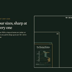 Pu&ograve; includere: Un grafico verde scuro che mostra quattro contorni rettangolari nidificati che rappresentano diverse dimensioni di stampa, inclusi A3 e 18 x 24 pollici. Il testo recita: Print any size, Four sizes, sharp at every one, Vector PDFs.