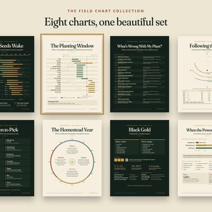 Pu&ograve; includere: Una collezione di otto poster educativi intitolata The Field Chart Collection. I grafici presentano sfondi verde scuro e crema con testo e diagrammi che coprono argomenti di giardinaggio come semina, germinazione e compostaggio.