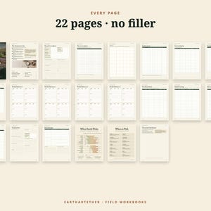 May include: A collection of 22 garden journal pages displayed in a grid layout. The pages feature cream-coloured paper with black text, including headers like 'Every Page', '22 pages &bull; no filler', 'Where Seeds Wake', and 'Where to Pick'.