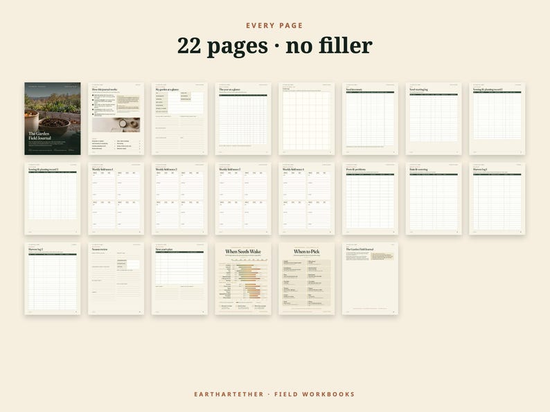 May include: A collection of 22 garden journal pages displayed in a grid layout. The pages feature cream-coloured paper with black text, including headers like 'Every Page', '22 pages &bull; no filler', 'Where Seeds Wake', and 'Where to Pick'.