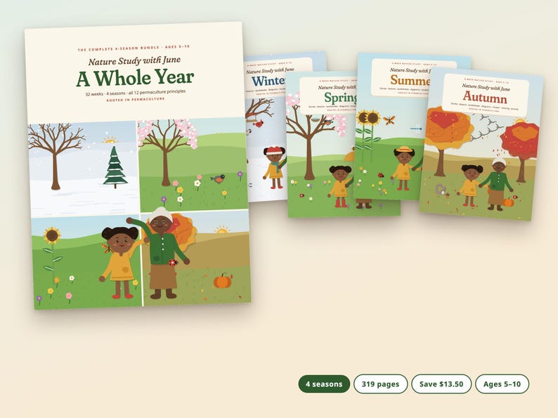 Programa de estudio de la naturaleza para niños durante todo el año, paquete didáctico para la educación en casa sobre las cuatro estaciones, más de 300 páginas, edades de 5 a 10 años. imagen 1