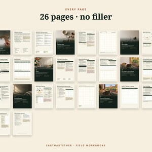 May include: A collection of 26 pages from a field workbook titled Earthartether. The pages feature a mix of dark green and cream layouts with text, charts, and small photographic inserts. The header text reads EVERY PAGE 26 pages no filler.