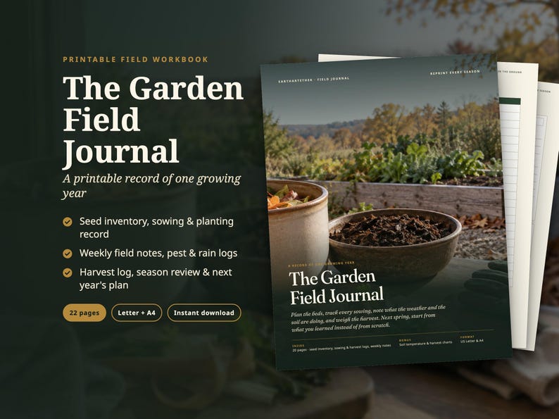 May include: A printable field workbook titled The Garden Field Journal, featuring a cover image of a ceramic bowl filled with soil in a garden. The document includes sections for seed inventory, sowing, planting, weekly field notes, and harvest logs.