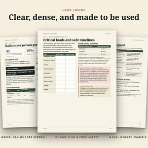 Puede incluir: Tres p&aacute;ginas de una gu&iacute;a impresa con el t&iacute;tulo Clear, dense, and made to be used. Las p&aacute;ginas contienen tablas, gr&aacute;ficos y texto sobre el uso del agua, la seguridad alimentaria y la planificaci&oacute;n de emergencias ante cortes de energ&iacute;a.