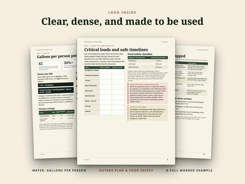 Puede incluir: Tres p&aacute;ginas de una gu&iacute;a impresa con el t&iacute;tulo Clear, dense, and made to be used. Las p&aacute;ginas contienen tablas, gr&aacute;ficos y texto sobre el uso del agua, la seguridad alimentaria y la planificaci&oacute;n de emergencias ante cortes de energ&iacute;a.