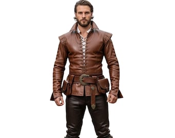 Braunes Leder Mittelalter Krieger Herrenhemd Ohne Gürtel Renaissance Faire Kostüm LARP Fantasy Schnür Tunika | Cosplay Pirat Musketier