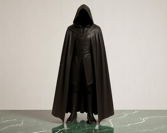 Black Leather Hooded Cloak for Men – Gothic Cosplay Cape, LARP Medieval Robe, Fantasy Assassin Costume, Real Leather Full-Length Cloak