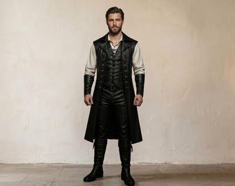 Renaissance Leather Long Vest, Medieval Noble Garment, LARP Adventurer Attire, Fantasy Costume, Pirate Waistcoat
