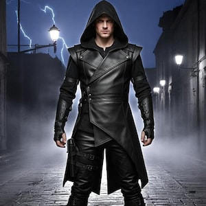 Assassin Black Leather Hooded Trench Coat – Gothic Warrior Cosplay Cloak for Men – Renaissance Faire LARP Stealth Handmade Jacket