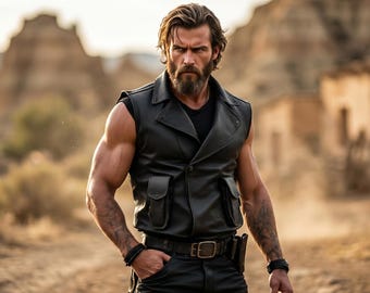 Chaleco de cuero negro para hombre / Chaqueta de moto sin mangas, estilo punk rock, ideal para clubes nocturnos.