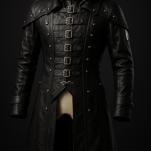 May include: A black leather hooded coat with a long, fitted silhouette. The coat features multiple buckles and decorative studs.