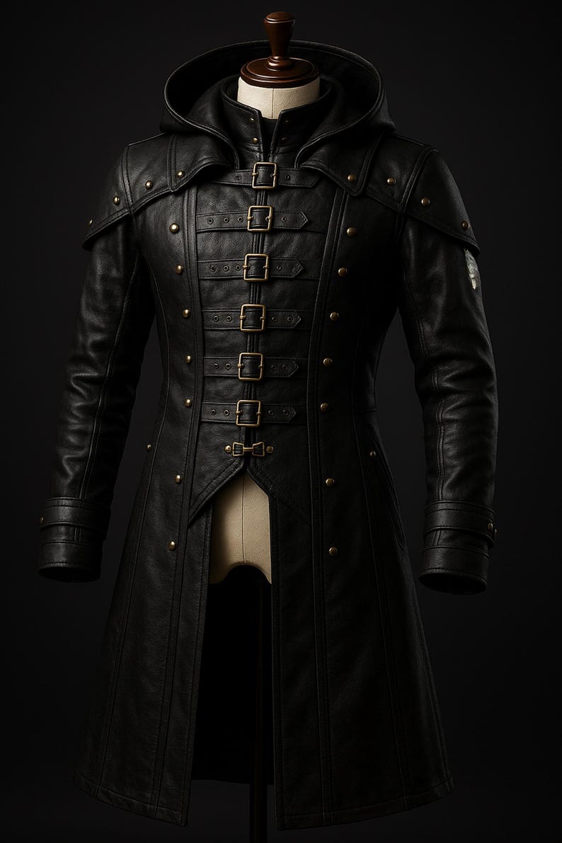 May include: A black leather hooded coat with a long, fitted silhouette. The coat features multiple buckles and decorative studs.