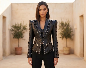 Black Leather Gothic Jacket | Laced Steampunk Blazer, Punk Rock Tailored Coat