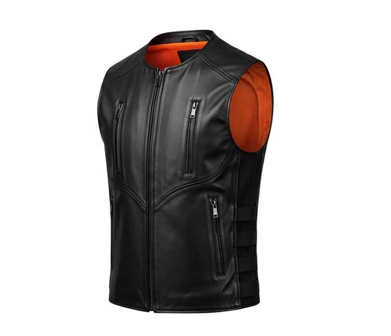 Black Leather Riding Vest – Modern Moto Club Gear, Zipper Pockets, Contrast Lining
